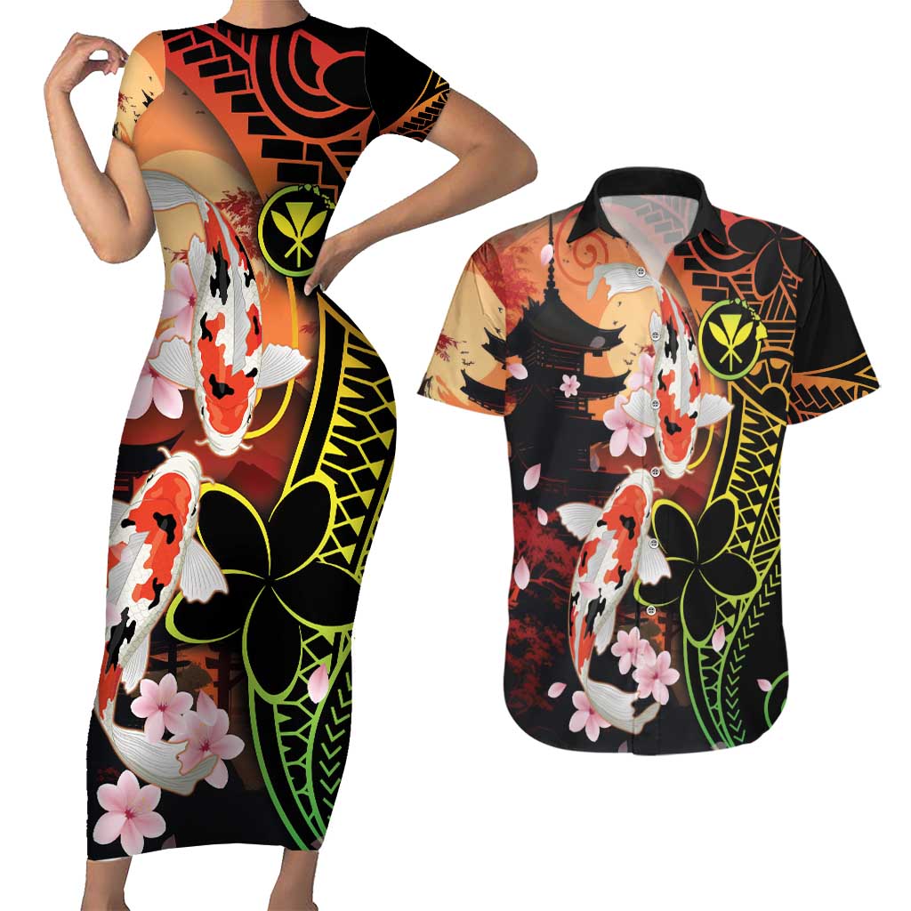 Hawaiian and Japanese Couples Matching Short Sleeve Bodycon Dress and Hawaiian Shirt Koi Fish With Kanaka Polynesian Tattoo LT14 Black - Polynesian Pride