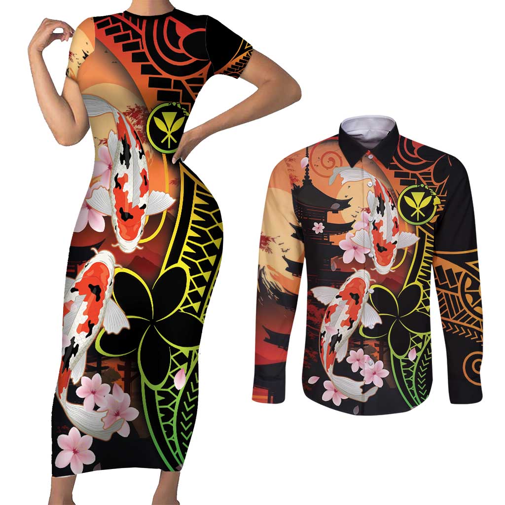 Hawaiian and Japanese Couples Matching Short Sleeve Bodycon Dress and Long Sleeve Button Shirt Koi Fish With Kanaka Polynesian Tattoo LT14 Black - Polynesian Pride