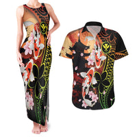 Hawaiian and Japanese Couples Matching Tank Maxi Dress and Hawaiian Shirt Koi Fish With Kanaka Polynesian Tattoo LT14 Black - Polynesian Pride