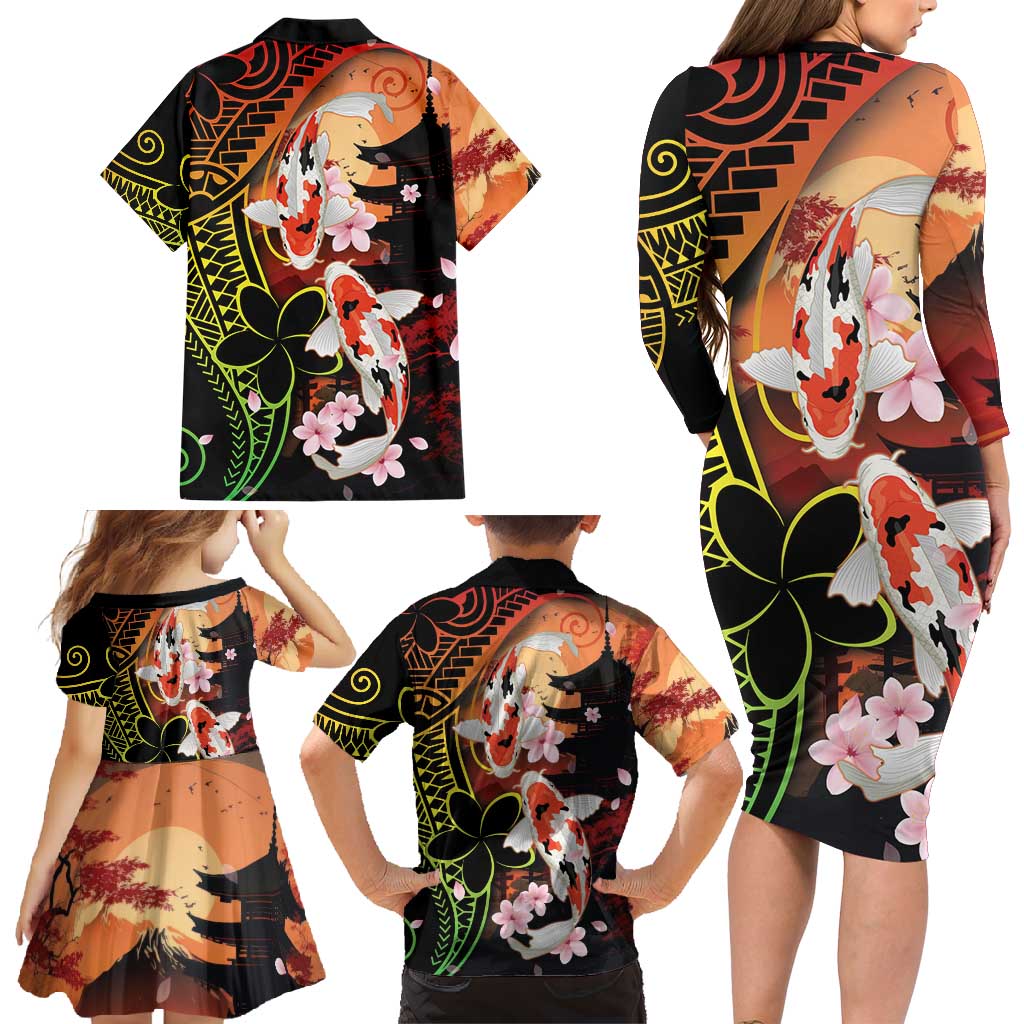 Hawaiian and Japanese Family Matching Long Sleeve Bodycon Dress and Hawaiian Shirt Koi Fish With Kanaka Polynesian Tattoo LT14 - Polynesian Pride