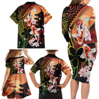 Hawaiian and Japanese Family Matching Long Sleeve Bodycon Dress and Hawaiian Shirt Koi Fish With Kanaka Polynesian Tattoo LT14 - Polynesian Pride