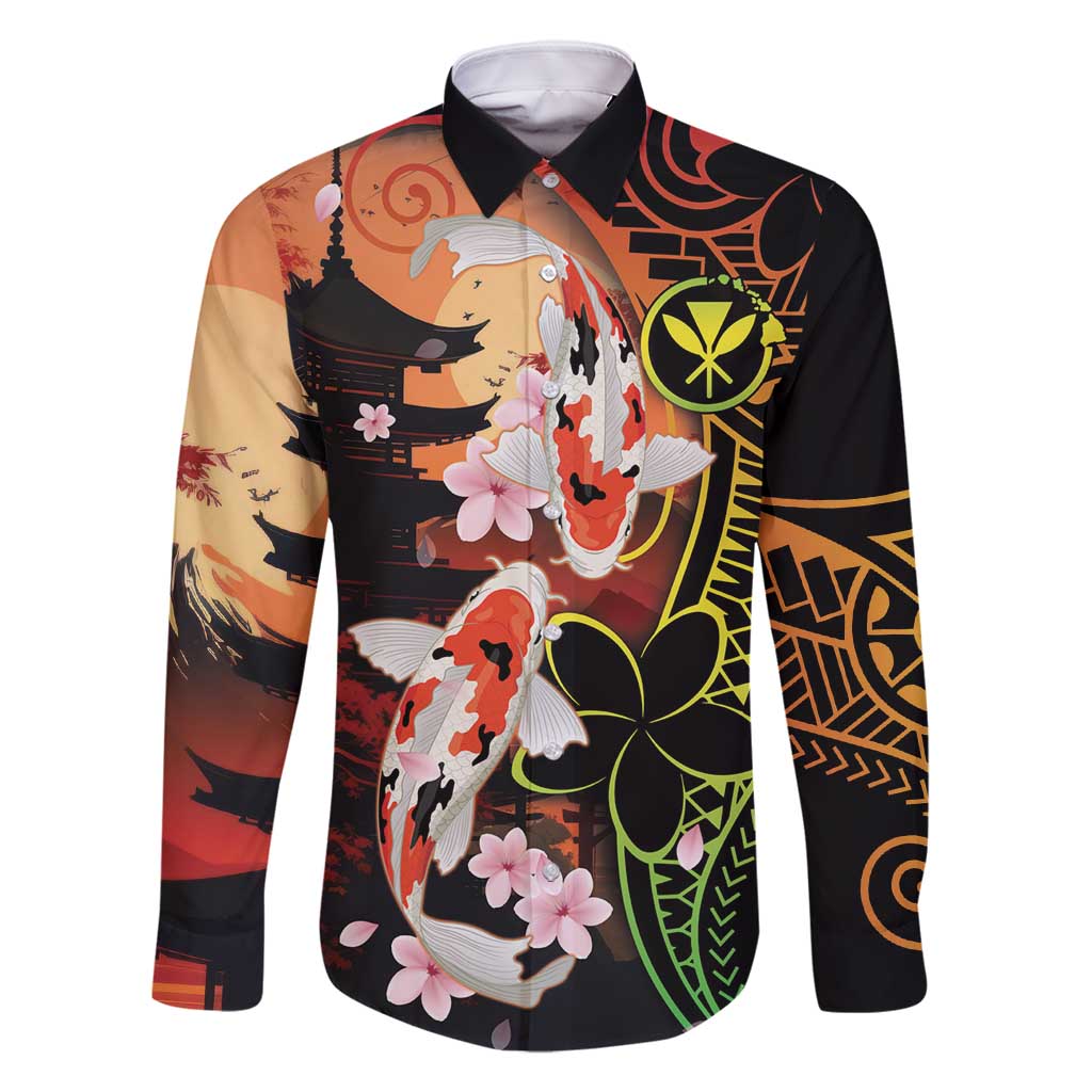 Hawaiian and Japanese Family Matching Mermaid Dress and Hawaiian Shirt Koi Fish With Kanaka Polynesian Tattoo LT14 Dad's Shirt - Long Sleeve Black - Polynesian Pride