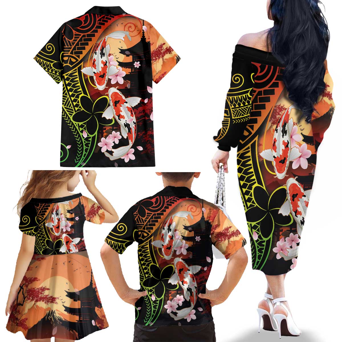 Hawaiian and Japanese Family Matching Off The Shoulder Long Sleeve Dress and Hawaiian Shirt Koi Fish With Kanaka Polynesian Tattoo - Polynesian Pride