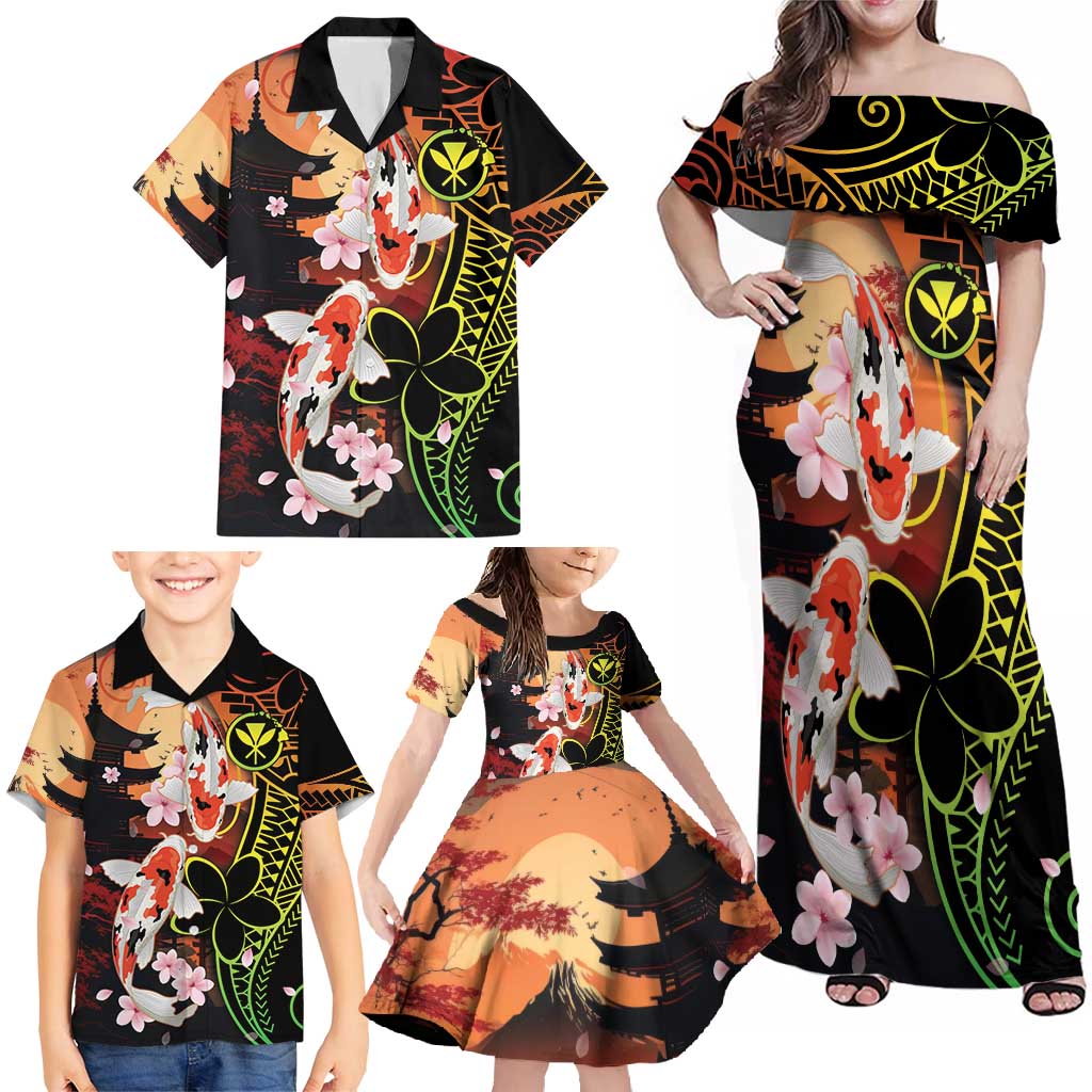 Hawaiian and Japanese Family Matching Off Shoulder Maxi Dress and Hawaiian Shirt Koi Fish With Kanaka Polynesian Tattoo - Polynesian Pride