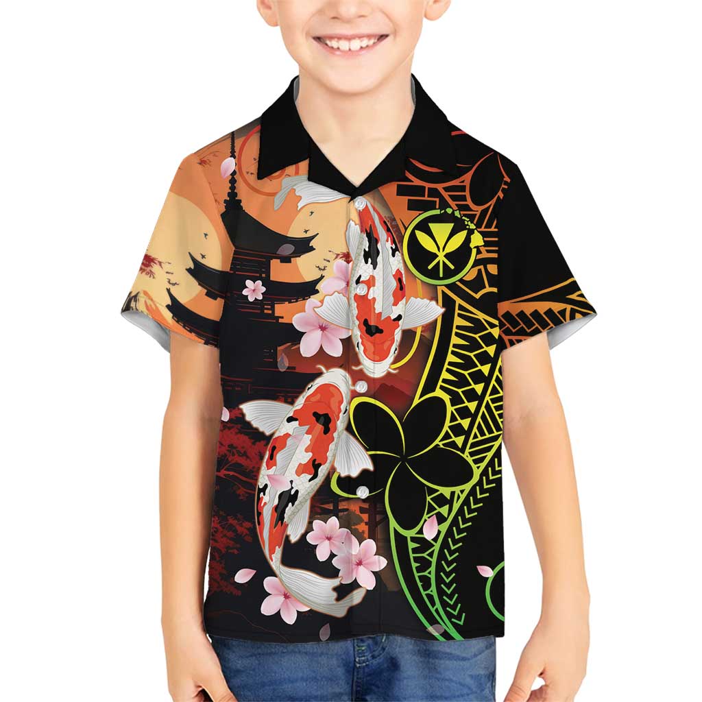 Hawaiian and Japanese Family Matching Off Shoulder Short Dress and Hawaiian Shirt Koi Fish With Kanaka Polynesian Tattoo LT14 Son's Shirt Black - Polynesian Pride
