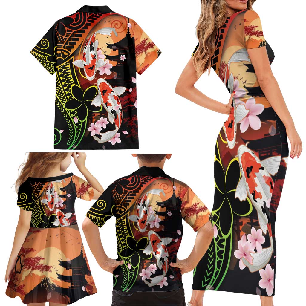 Hawaiian and Japanese Family Matching Short Sleeve Bodycon Dress and Hawaiian Shirt Koi Fish With Kanaka Polynesian Tattoo LT14 - Polynesian Pride