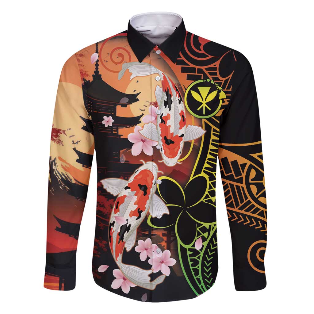 Hawaiian and Japanese Family Matching Short Sleeve Bodycon Dress and Hawaiian Shirt Koi Fish With Kanaka Polynesian Tattoo LT14 Dad's Shirt - Long Sleeve Black - Polynesian Pride