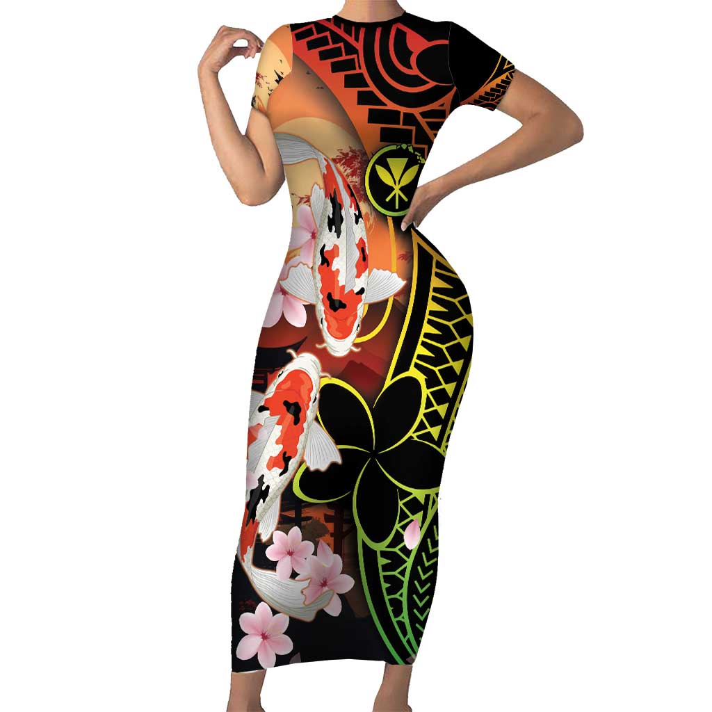 Hawaiian and Japanese Family Matching Short Sleeve Bodycon Dress and Hawaiian Shirt Koi Fish With Kanaka Polynesian Tattoo LT14 Mom's Dress Black - Polynesian Pride