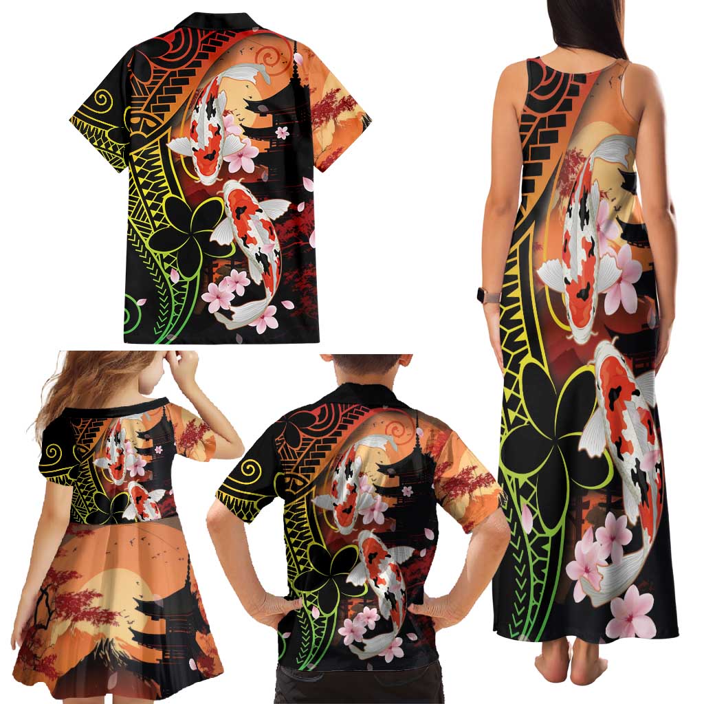 Hawaiian and Japanese Family Matching Tank Maxi Dress and Hawaiian Shirt Koi Fish With Kanaka Polynesian Tattoo - Polynesian Pride