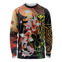 Hawaiian and Japanese Long Sleeve Shirt Koi Fish With Kanaka Polynesian Tattoo LT14 Unisex Black - Polynesian Pride
