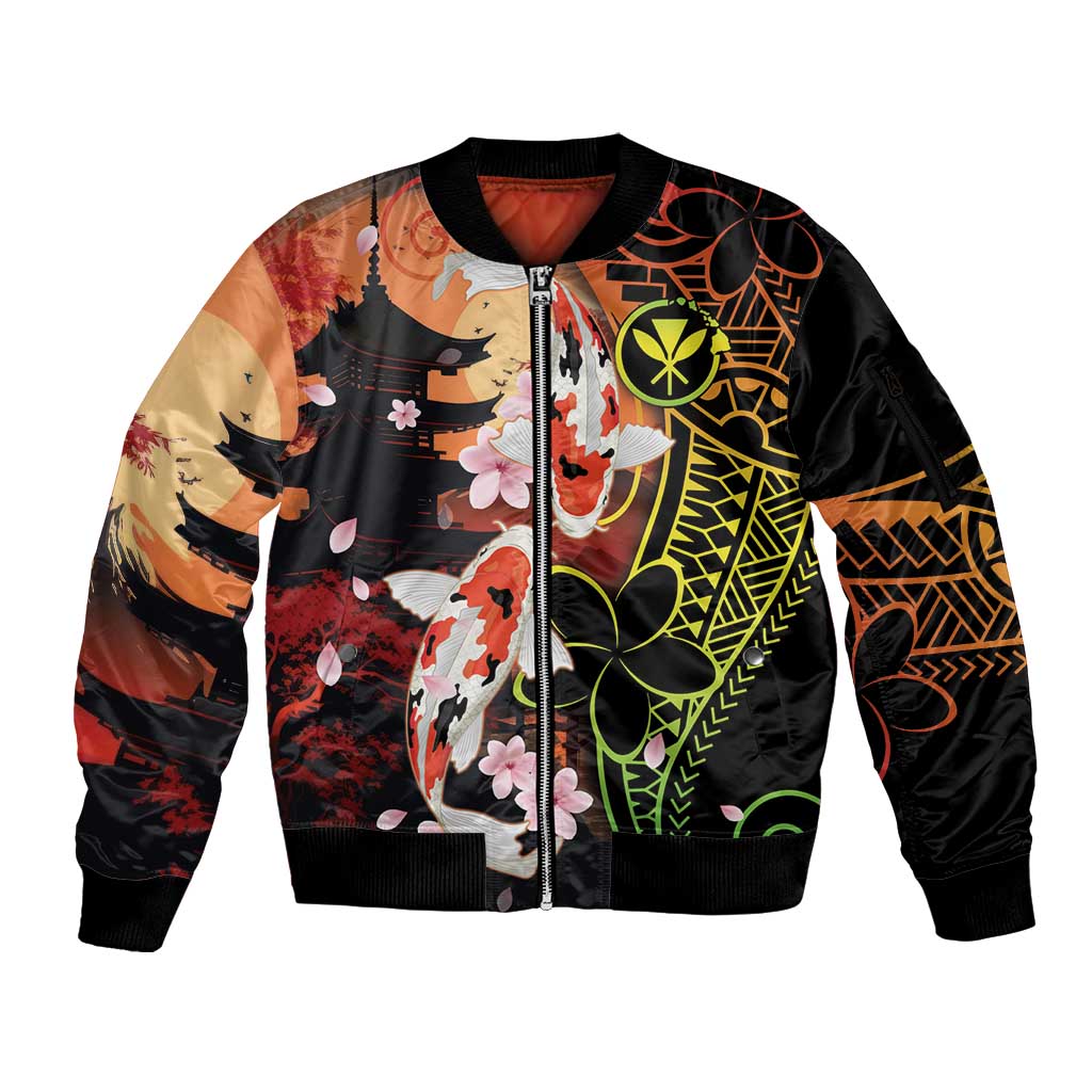 Hawaiian and Japanese Sleeve Zip Bomber Jacket Koi Fish With Kanaka Polynesian Tattoo - Polynesian Pride