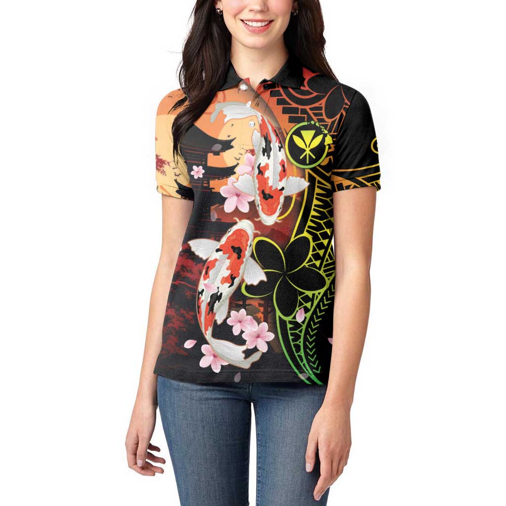 Hawaiian and Japanese Women Polo Shirt Koi Fish With Kanaka Polynesian Tattoo - Polynesian Pride