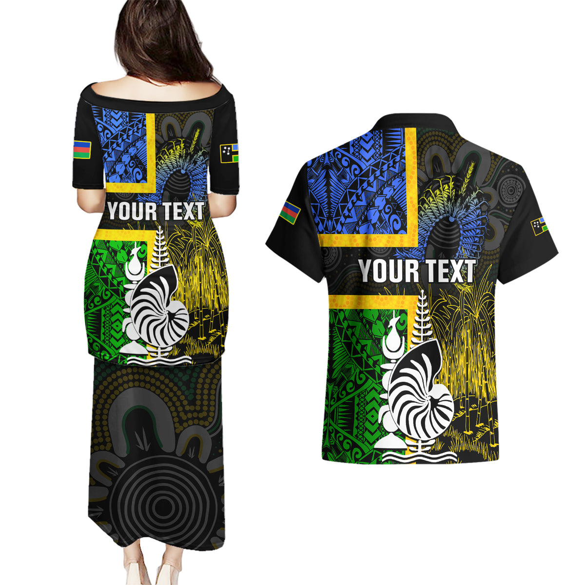 Personalised South Sea Islanders Couples Matching Puletasi Dress and Hawaiian Shirt Kanakas With New Caledonia Coat Of Arms LT14 - Polynesian Pride