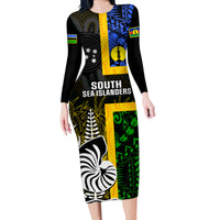 Personalised South Sea Islanders Family Matching Long Sleeve Bodycon Dress and Hawaiian Shirt Kanakas With New Caledonia Coat Of Arms LT14 Mom's Dress Black - Polynesian Pride
