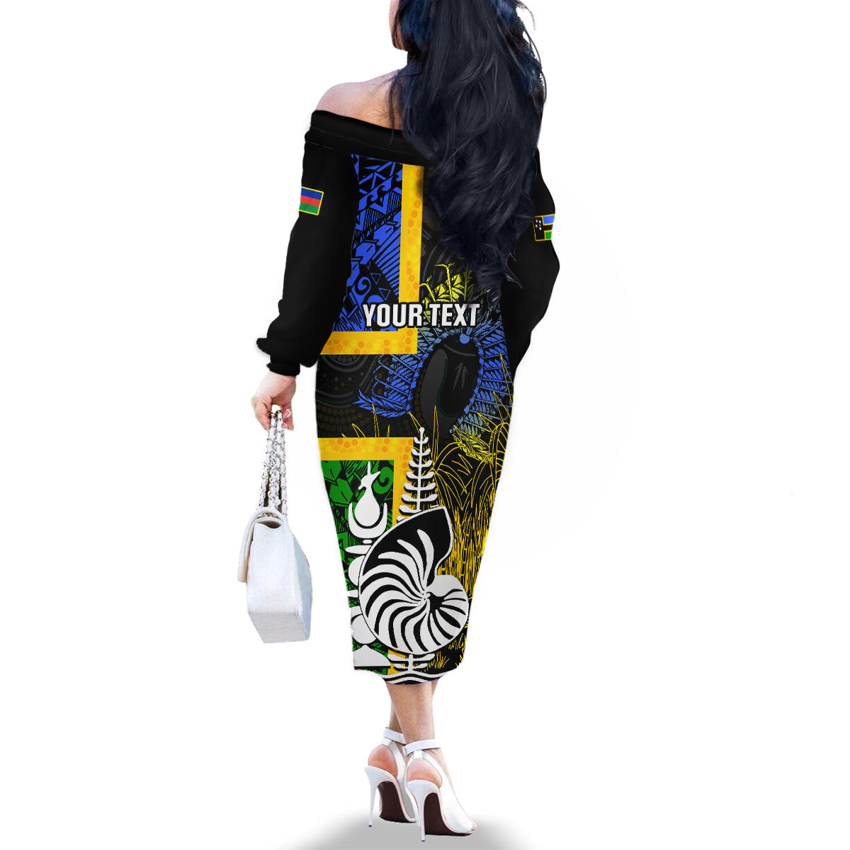 Personalised South Sea Islanders Family Matching Off Shoulder Long Sleeve Dress and Hawaiian Shirt Kanakas With New Caledonia Coat Of Arms LT14 - Polynesian Pride