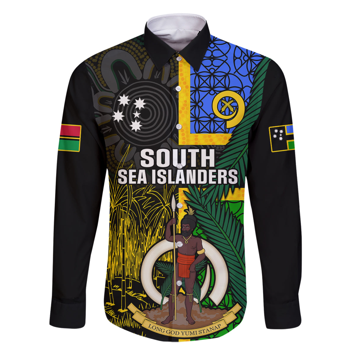 Personalised South Sea Islanders Family Matching Long Sleeve Bodycon Dress and Hawaiian Shirt Kanakas With Vanuatu Coat Of Arms LT14 Dad's Shirt - Long Sleeve Black - Polynesian Pride