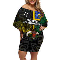 Personalised South Sea Islanders Off Shoulder Short Dress Kanakas With Vanuatu Coat Of Arms LT14 Women Black - Polynesian Pride