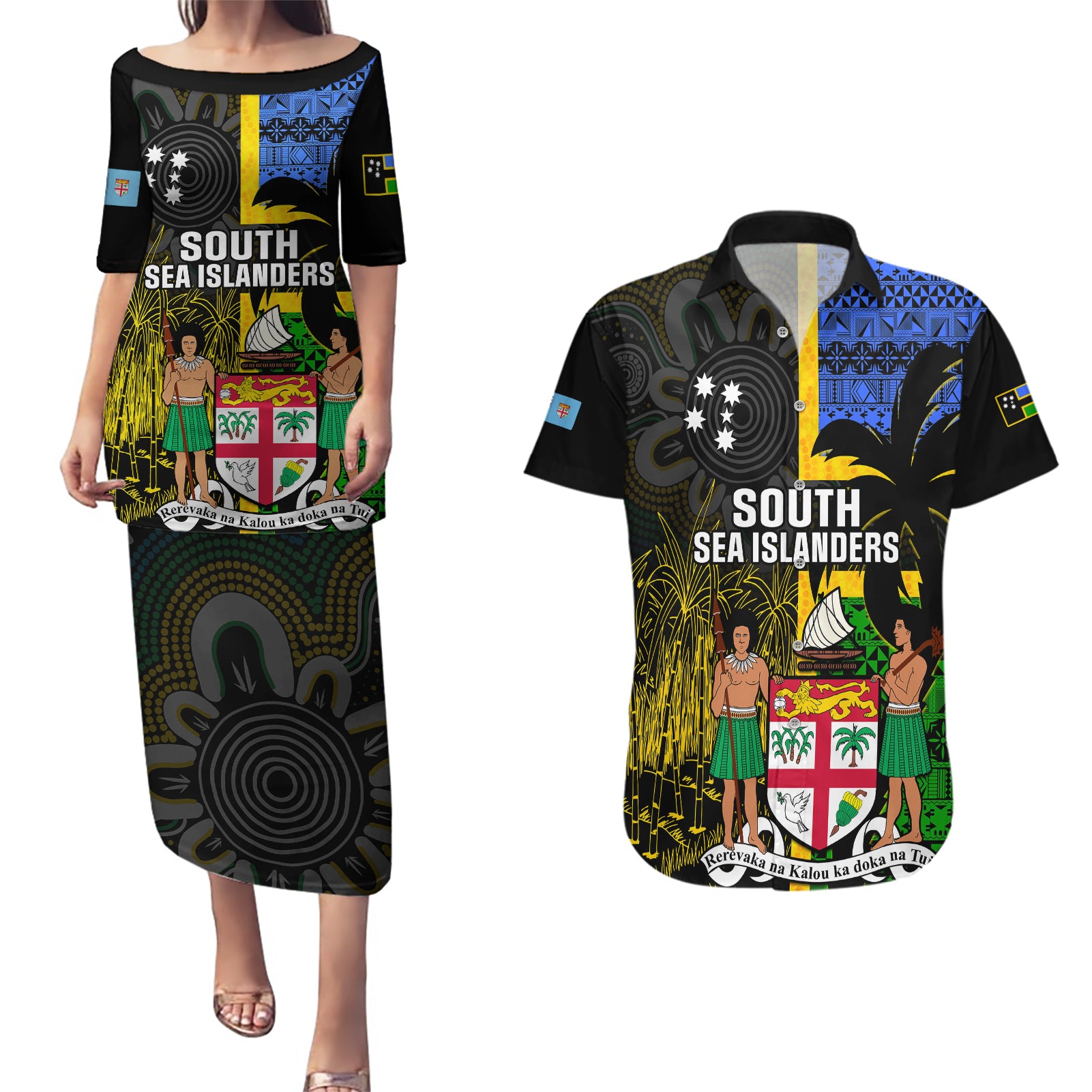 Personalised South Sea Islanders Couples Matching Puletasi Dress and Hawaiian Shirt Kanakas With Fiji Coat Of Arms LT14 Black - Polynesian Pride