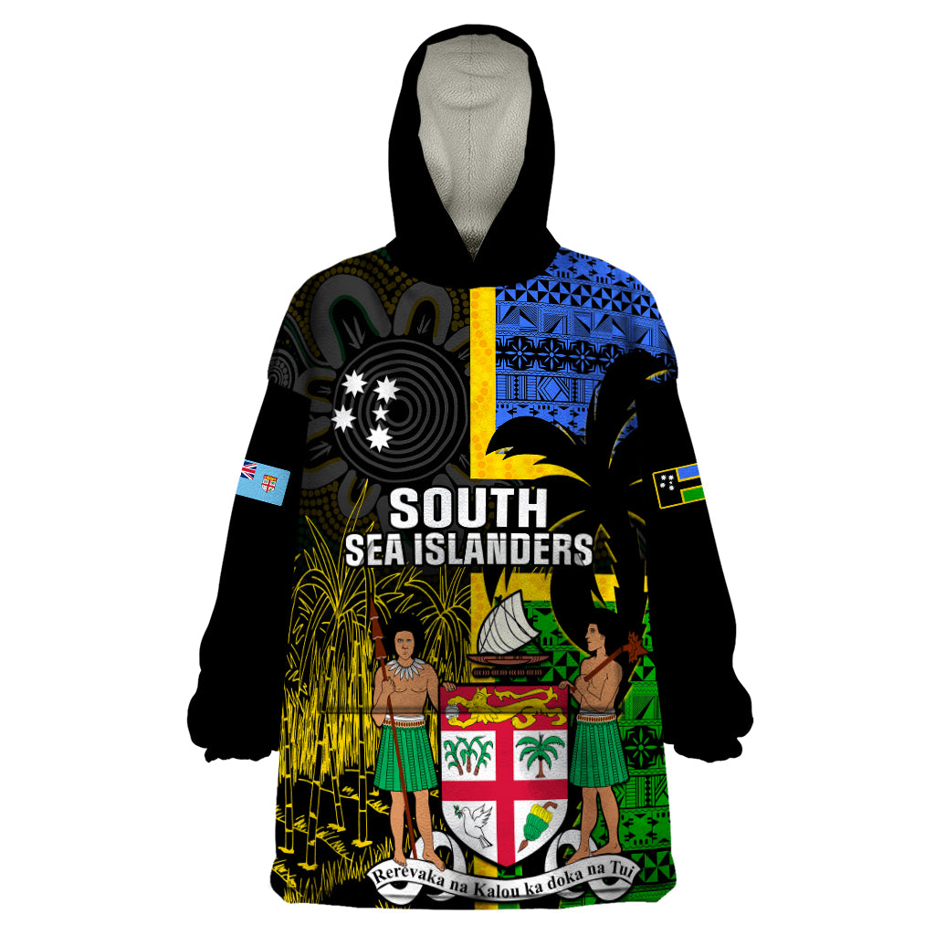 Personalised South Sea Islanders Wearable Blanket Hoodie Kanakas With Fiji Coat Of Arms LT14 One Size Black - Polynesian Pride