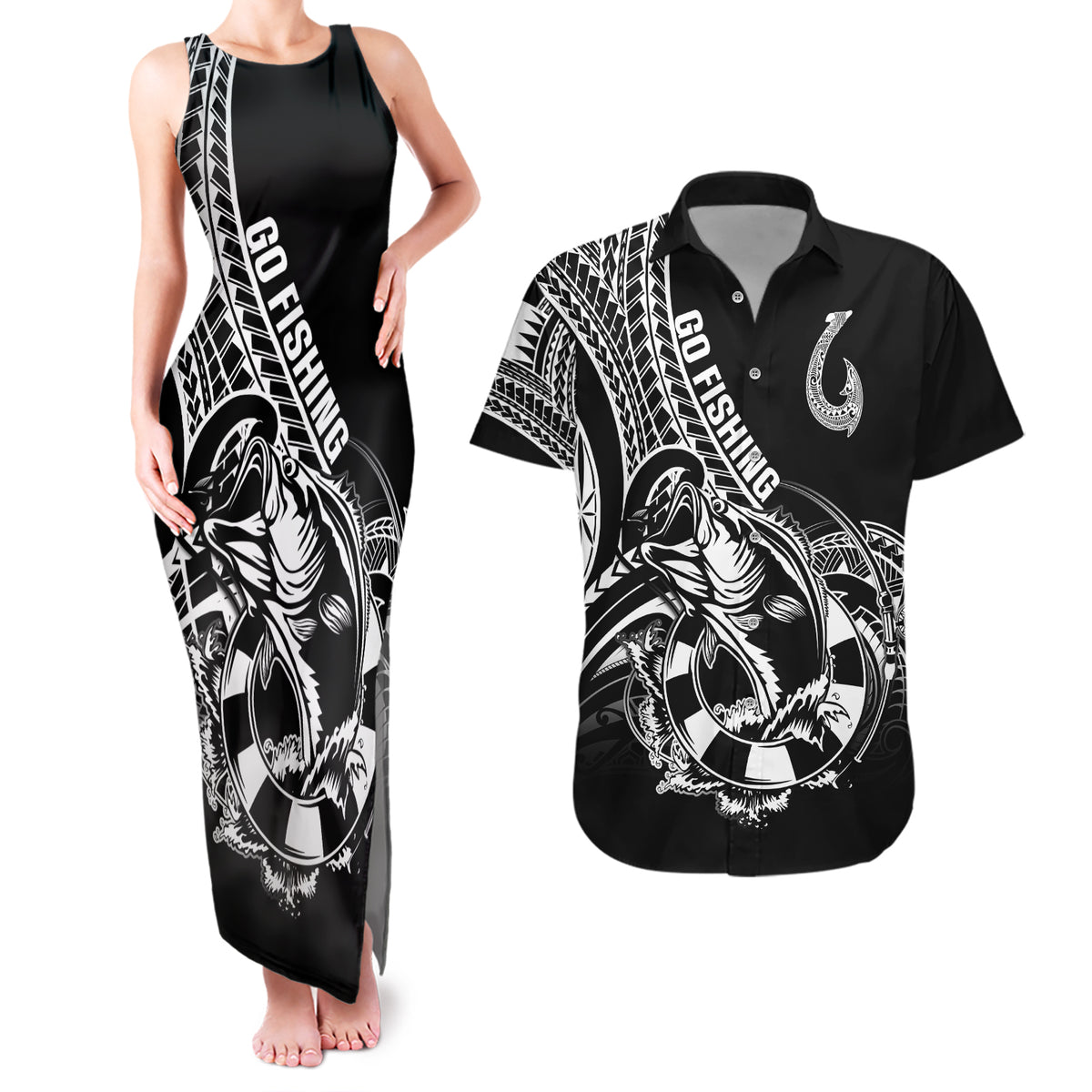 Personalised Polynesia Couples Matching Tank Maxi Dress and Hawaiian Shirt Fish Hook Tattoo Go Fishing Polynesian Pattern Black LT14 Black - Polynesian Pride