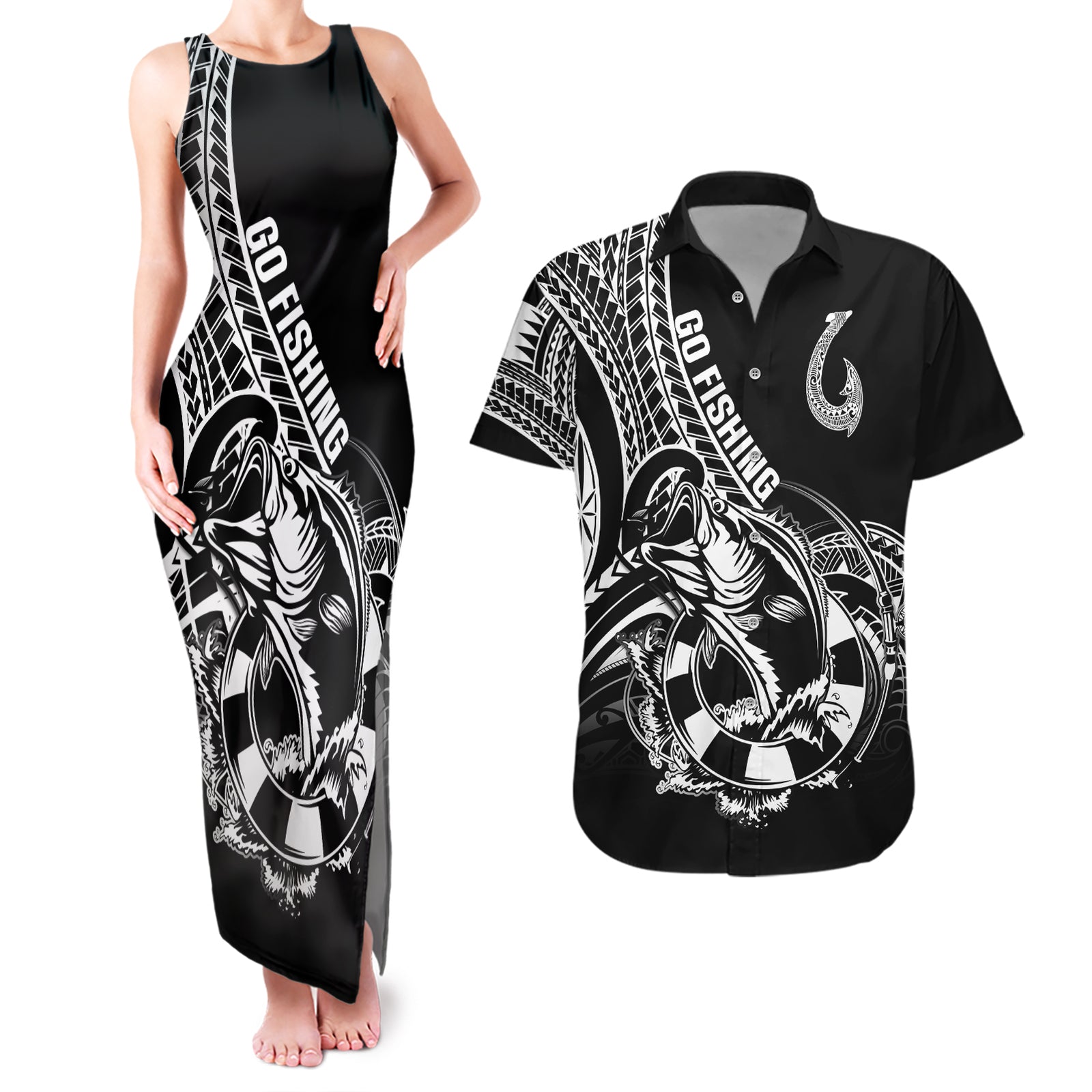 Personalised Polynesia Couples Matching Tank Maxi Dress and Hawaiian Shirt Fish Hook Tattoo Go Fishing Polynesian Pattern Black LT14 Black - Polynesian Pride