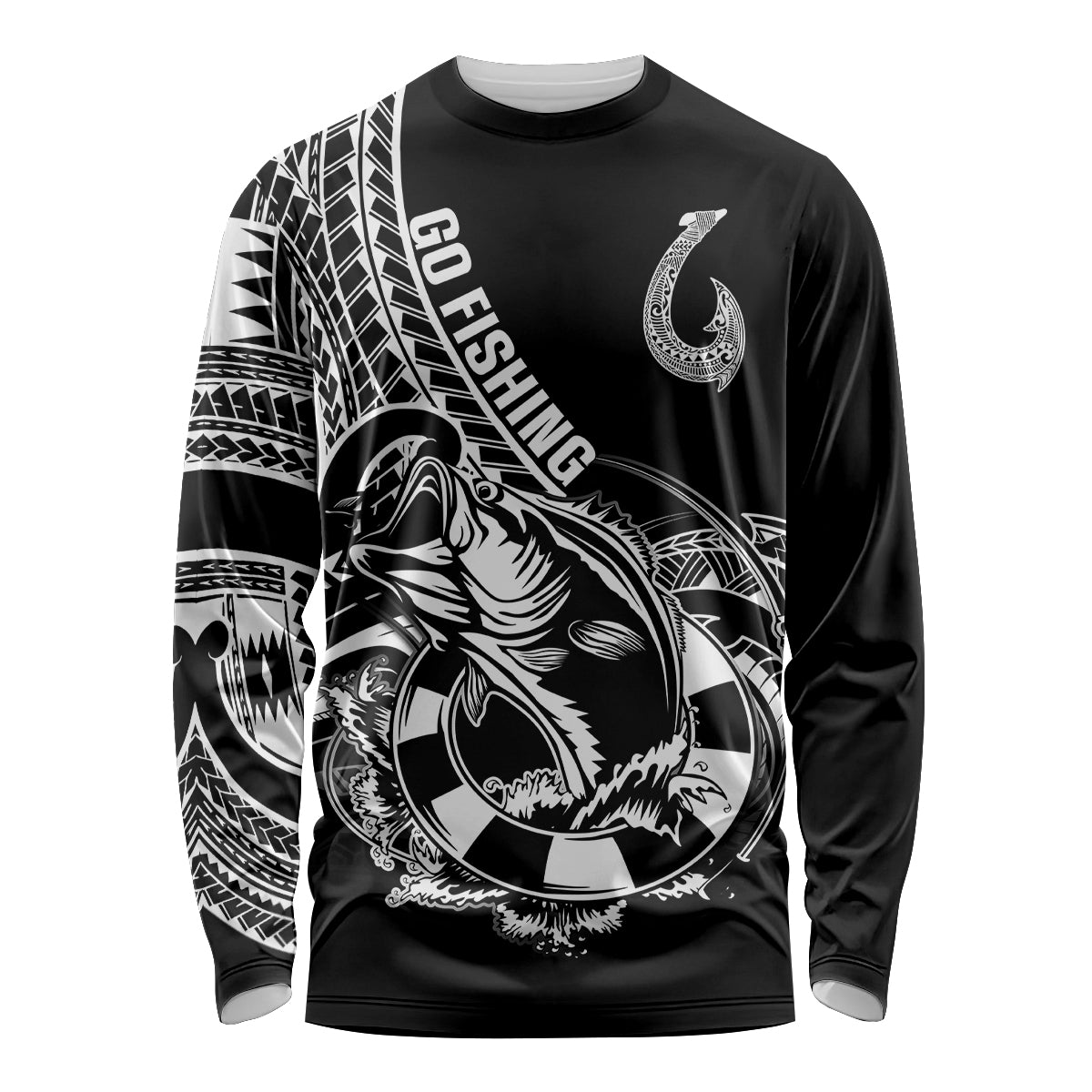 Personalised Polynesia Long Sleeve Shirt Fish Hook Tattoo Go Fishing Polynesian Pattern Black LT14 Unisex Black - Polynesian Pride