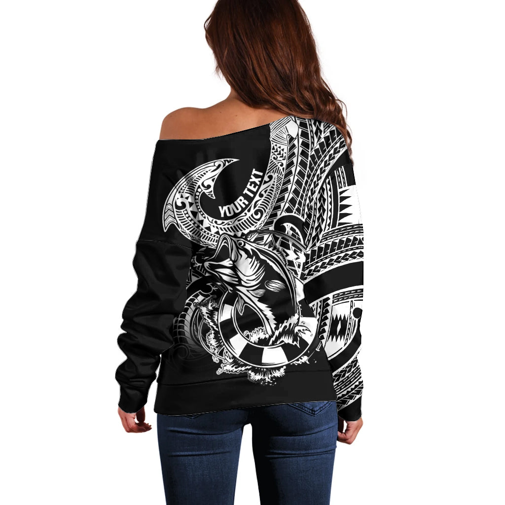 Personalised Polynesia Off Shoulder Sweater Fish Hook Tattoo Go Fishing Polynesian Pattern Black LT14 - Polynesian Pride