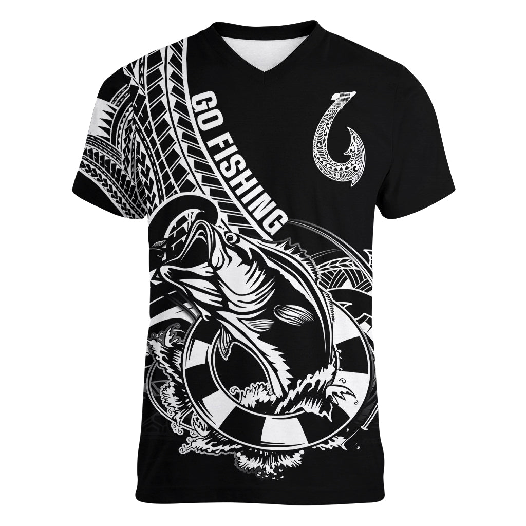Personalised Polynesia Women V Neck T Shirt Fish Hook Tattoo Go Fishing Polynesian Pattern Black LT14 Female Black - Polynesian Pride