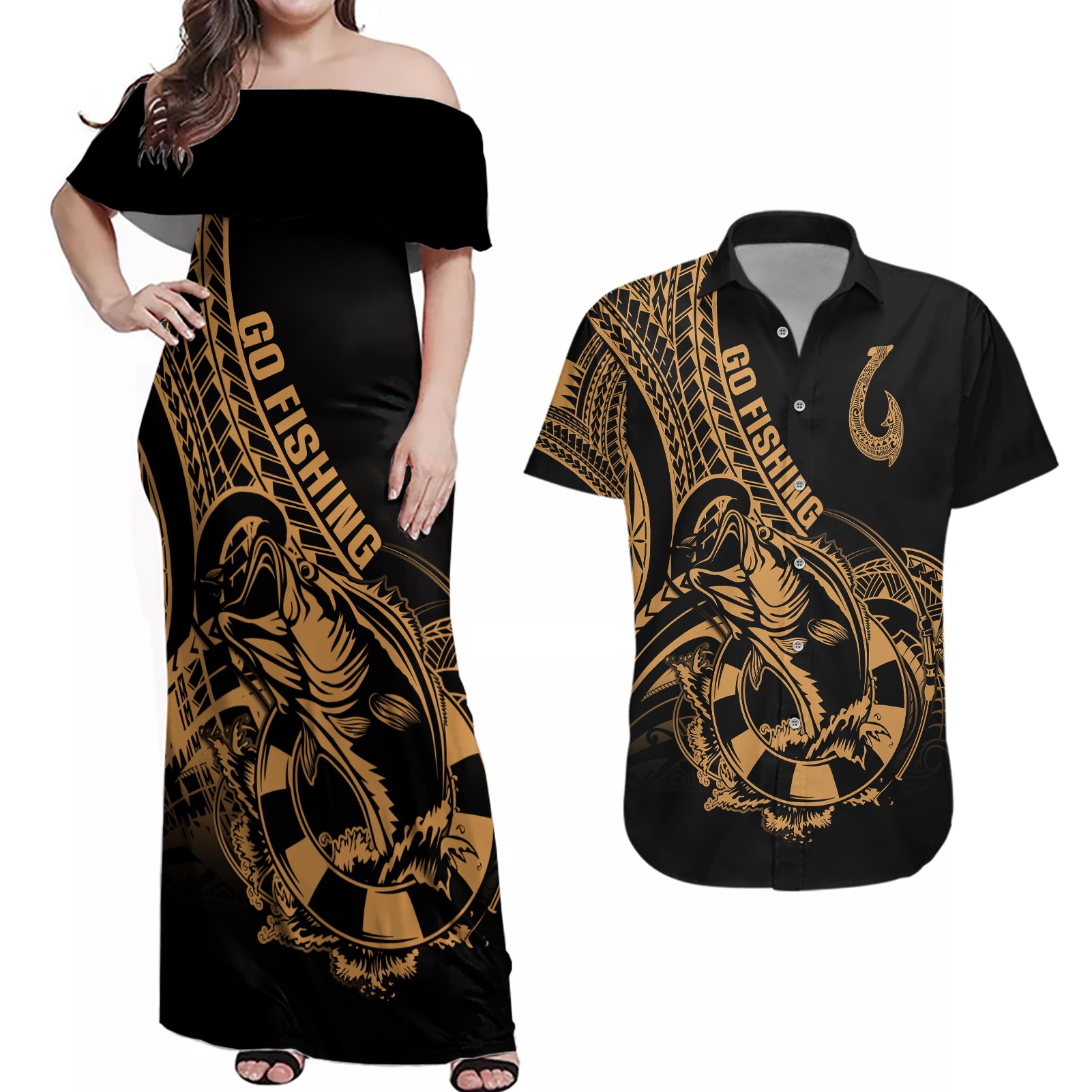 polynesia-couples-matching-off-shoulder-maxi-dress-and-hawaiian-shirt-fish-hook-tattoo-go-fishing-polynesian-pattern-gold