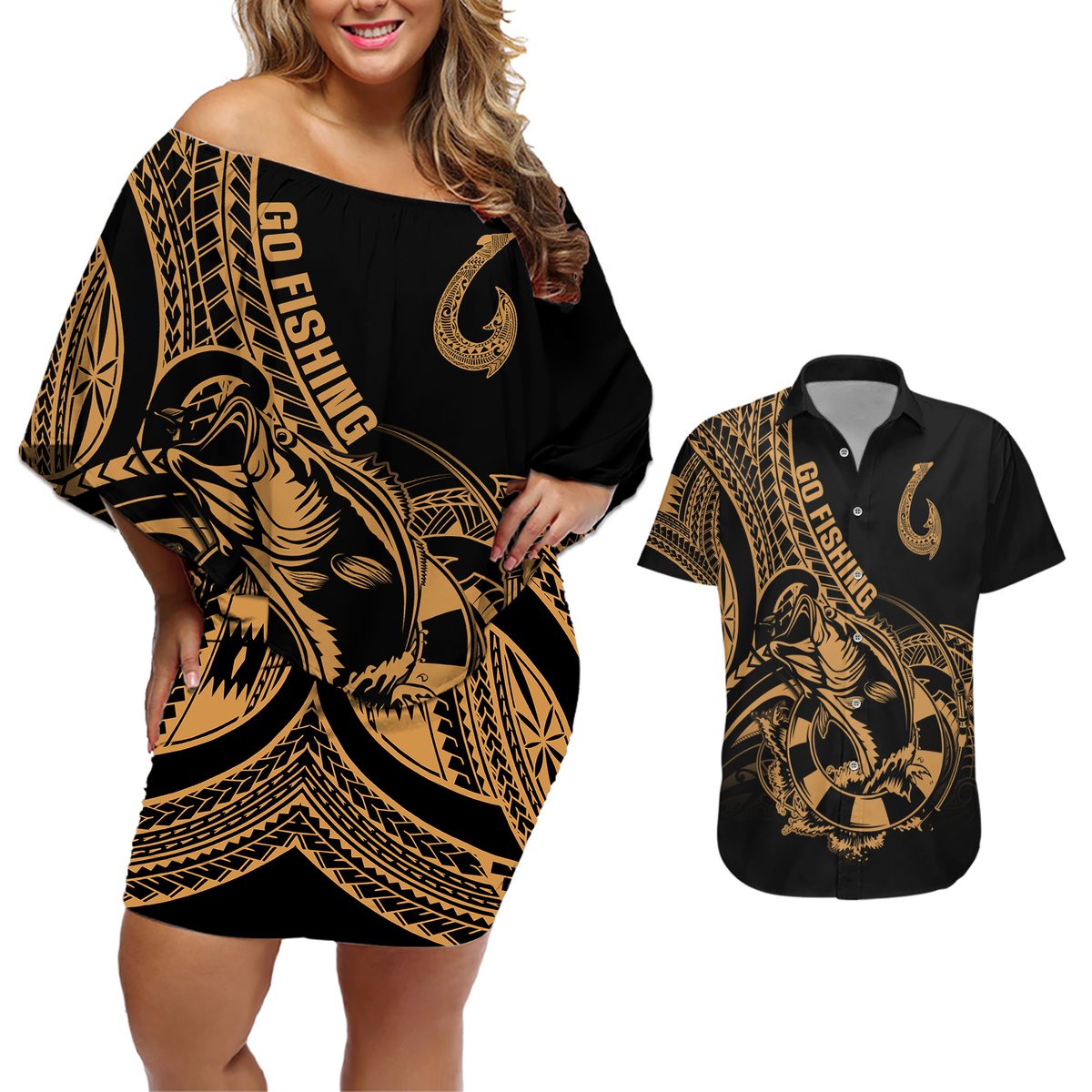 polynesia-couples-matching-off-shoulder-short-dress-and-hawaiian-shirt-fish-hook-tattoo-go-fishing-polynesian-pattern-gold