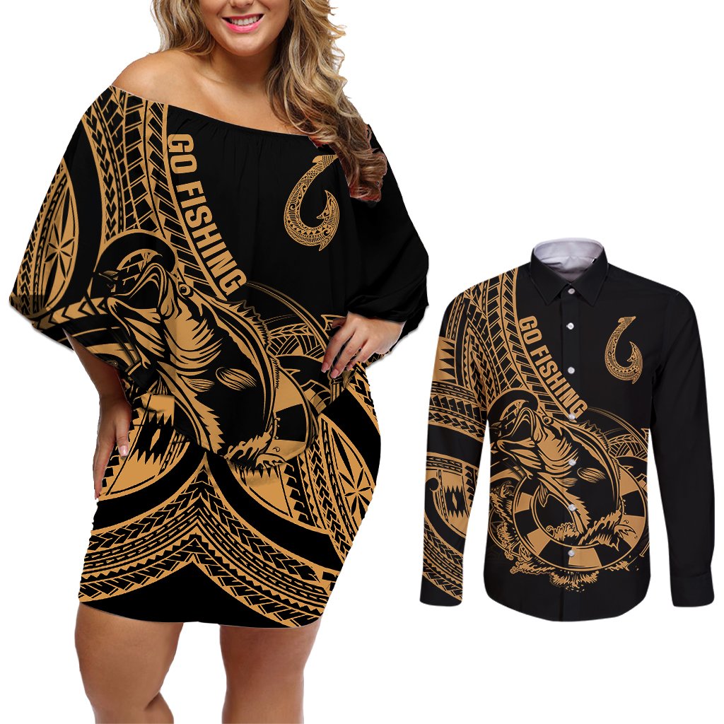 polynesia-couples-matching-off-shoulder-short-dress-and-long-sleeve-button-shirts-fish-hook-tattoo-go-fishing-polynesian-pattern-gold