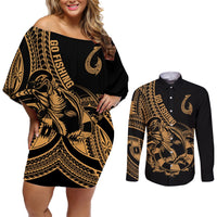 polynesia-couples-matching-off-shoulder-short-dress-and-long-sleeve-button-shirts-fish-hook-tattoo-go-fishing-polynesian-pattern-gold