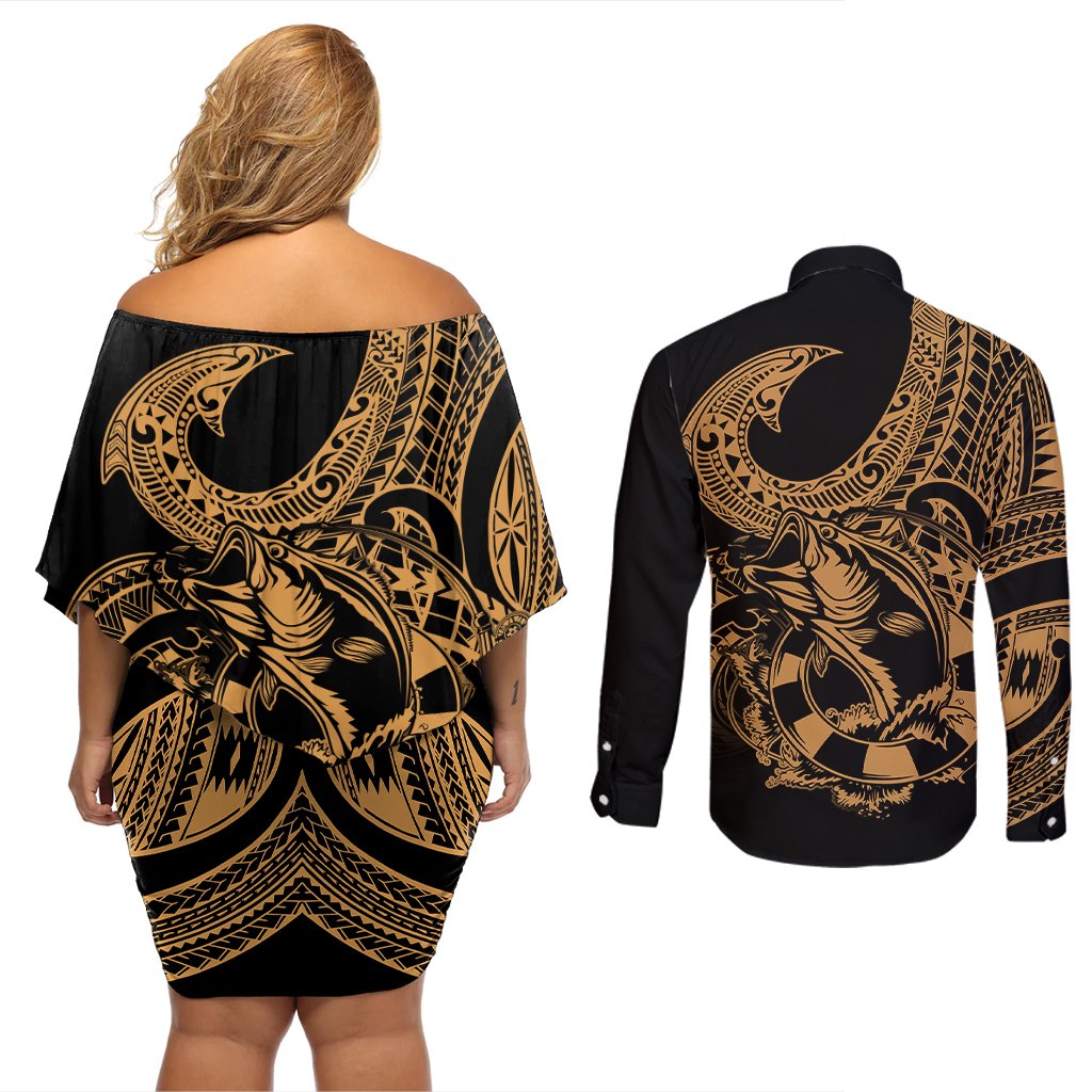 polynesia-couples-matching-off-shoulder-short-dress-and-long-sleeve-button-shirts-fish-hook-tattoo-go-fishing-polynesian-pattern-gold