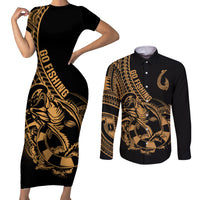 polynesia-couples-matching-short-sleeve-bodycon-dress-and-long-sleeve-button-shirts-fish-hook-tattoo-go-fishing-polynesian-pattern-gold