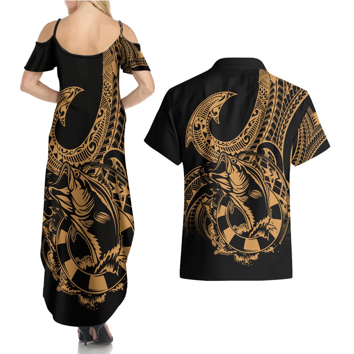 polynesia-couples-matching-summer-maxi-dress-and-hawaiian-shirt-fish-hook-tattoo-go-fishing-polynesian-pattern-gold