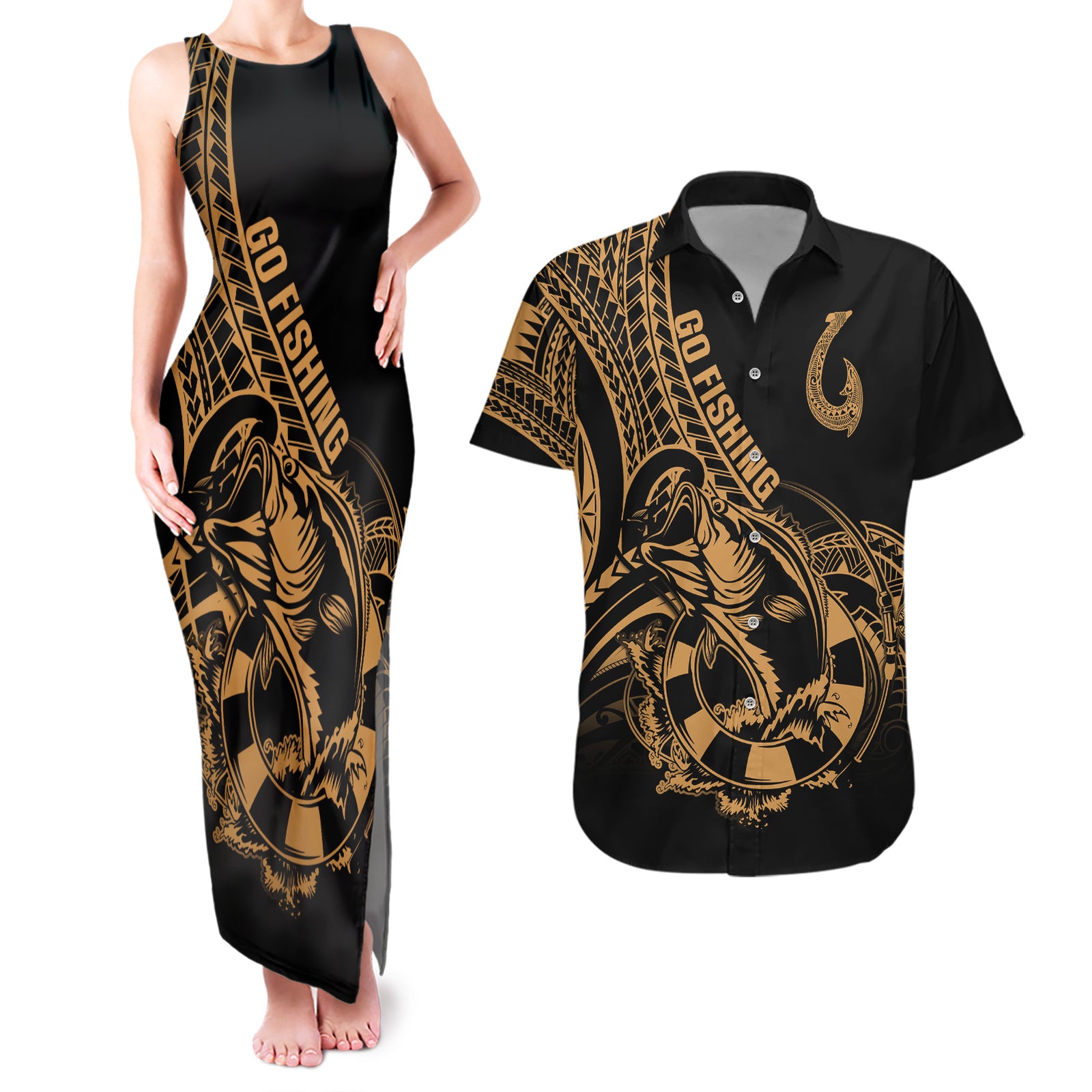 polynesia-couples-matching-tank-maxi-dress-and-hawaiian-shirt-fish-hook-tattoo-go-fishing-polynesian-pattern-gold