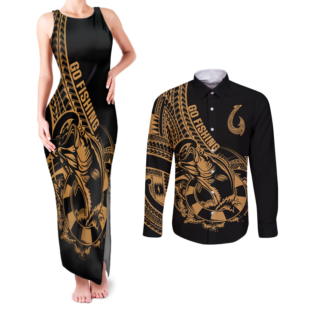 polynesia-couples-matching-tank-maxi-dress-and-long-sleeve-button-shirts-fish-hook-tattoo-go-fishing-polynesian-pattern-gold