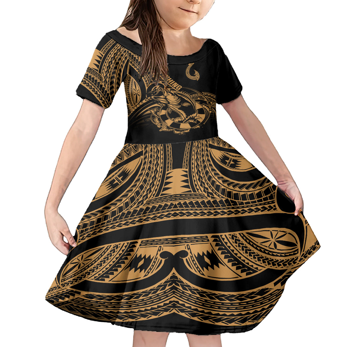 polynesia-kid-short-sleeve-dress-fish-hook-tattoo-go-fishing-polynesian-pattern-gold