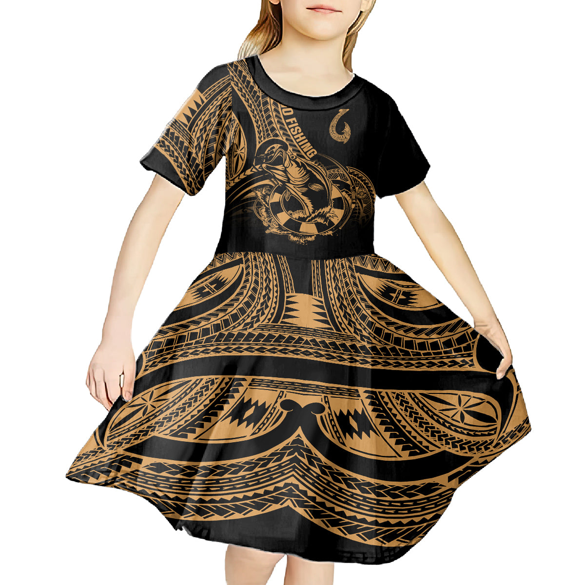 polynesia-kid-short-sleeve-dress-fish-hook-tattoo-go-fishing-polynesian-pattern-gold