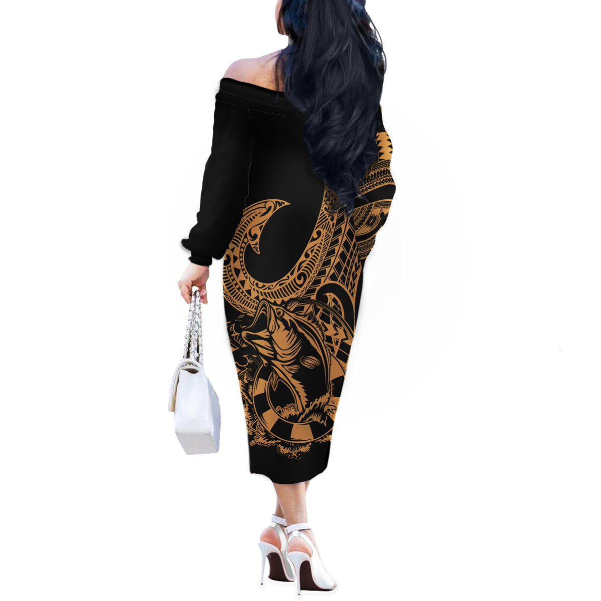 Polynesia Off The Shoulder Long Sleeve Dress Fish Hook Tattoo Go Fishing Polynesian Pattern Gold LT14 - Polynesian Pride