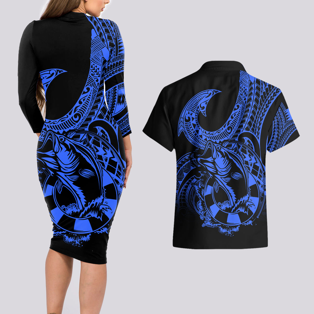 Polynesia Couples Matching Long Sleeve Bodycon Dress and Hawaiian Shirt Fish Hook Tattoo Go Fishing Polynesian Pattern Blue LT14 - Polynesian Pride