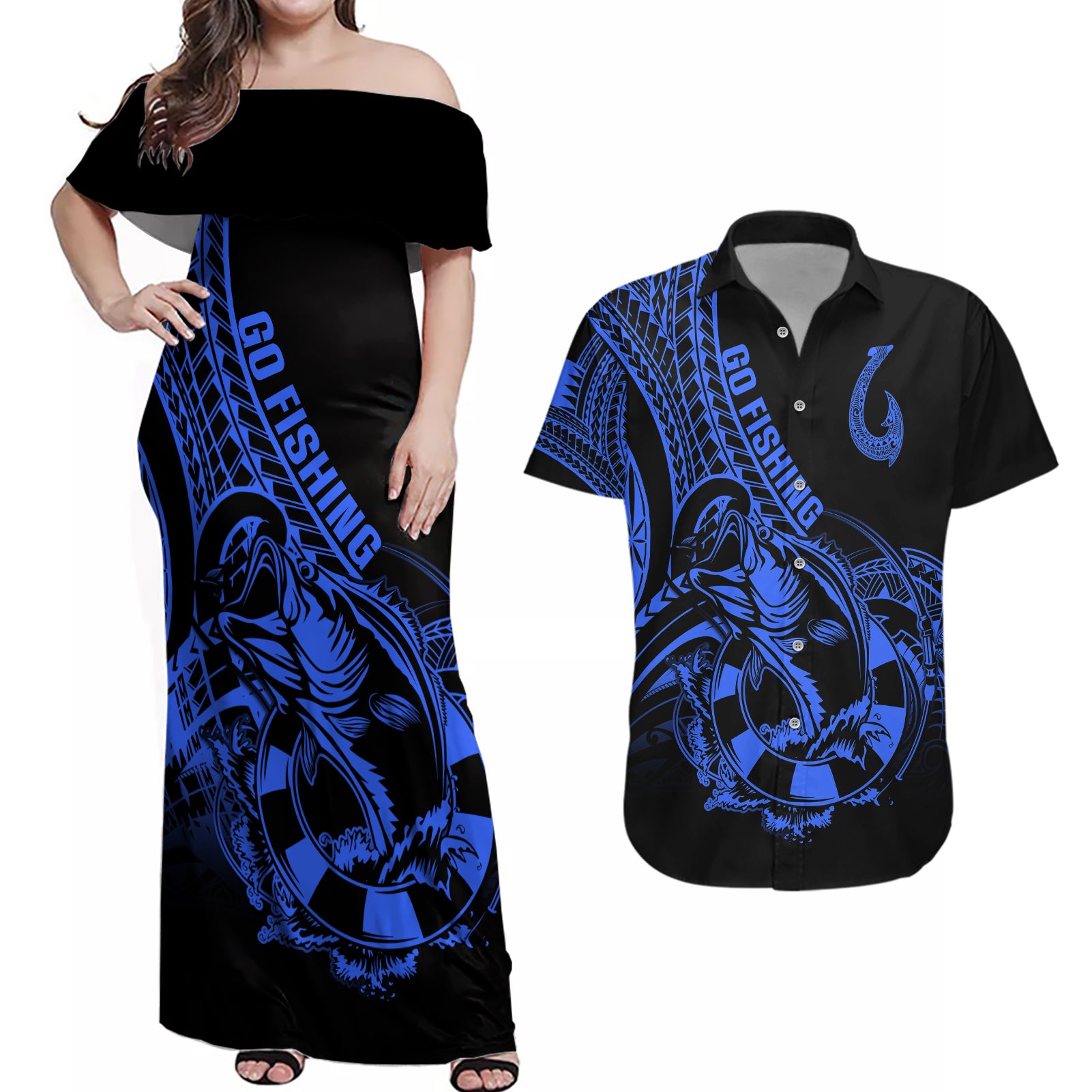 polynesia-couples-matching-off-shoulder-maxi-dress-and-hawaiian-shirt-fish-hook-tattoo-go-fishing-polynesian-pattern-blue