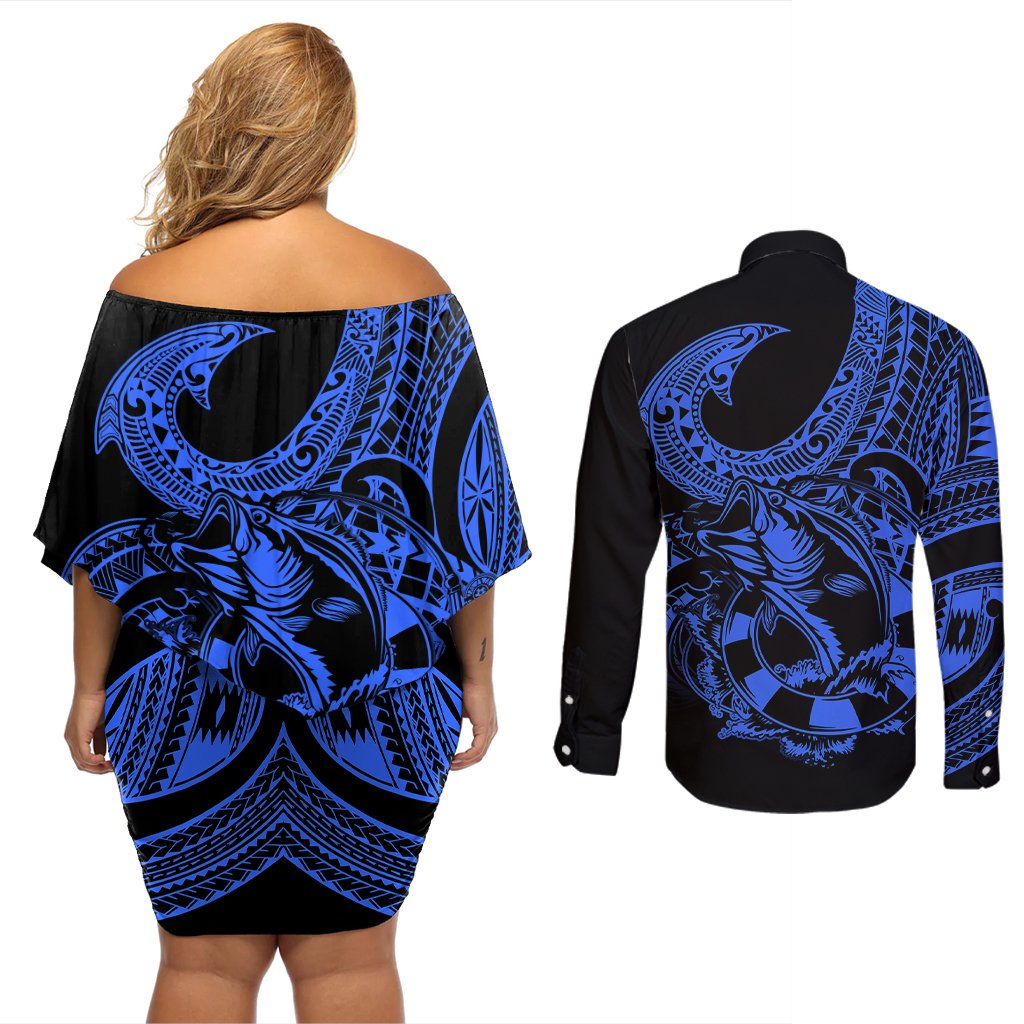 polynesia-couples-matching-off-shoulder-short-dress-and-long-sleeve-button-shirts-fish-hook-tattoo-go-fishing-polynesian-pattern-blue