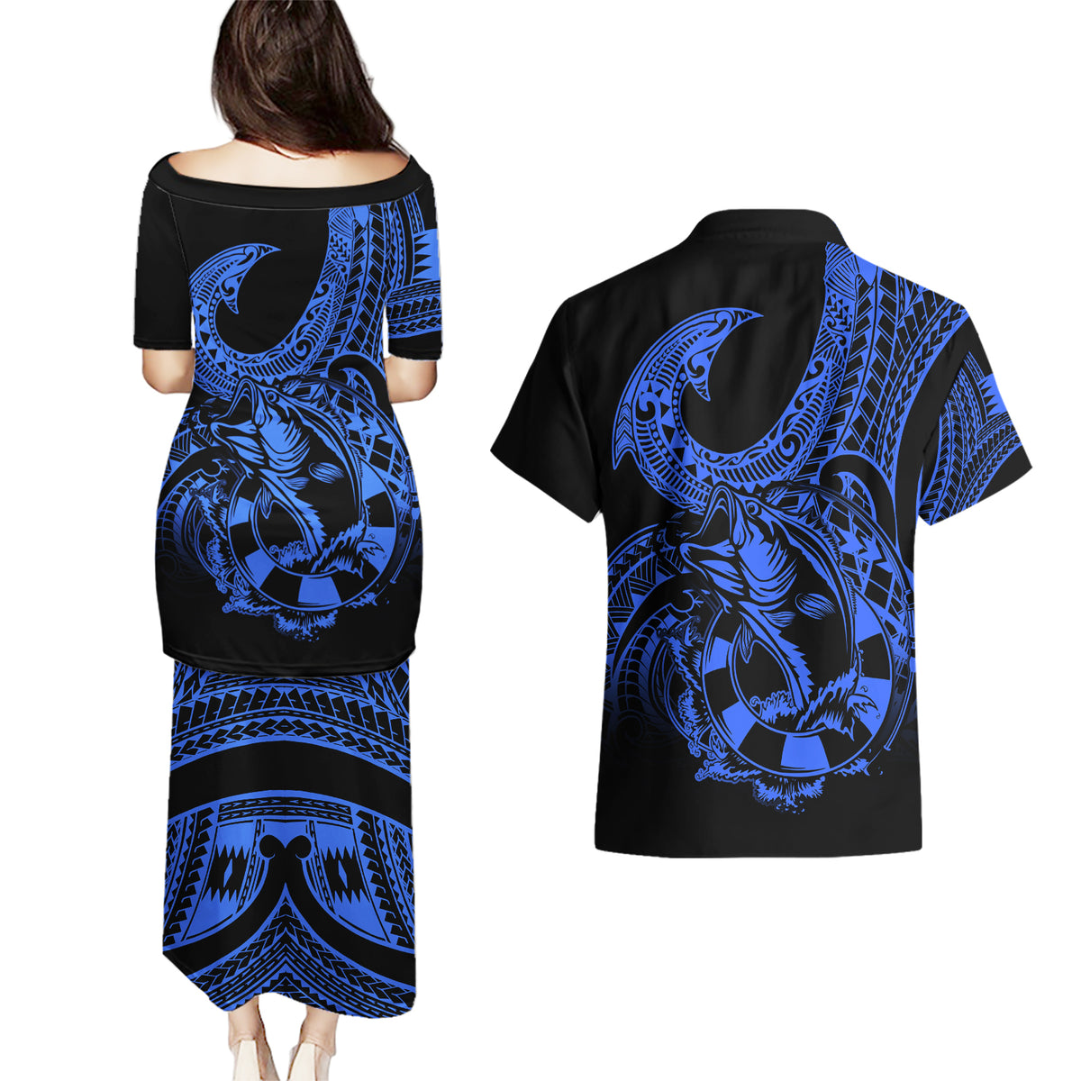 polynesia-couples-matching-puletasi-dress-and-hawaiian-shirt-fish-hook-tattoo-go-fishing-polynesian-pattern-blue