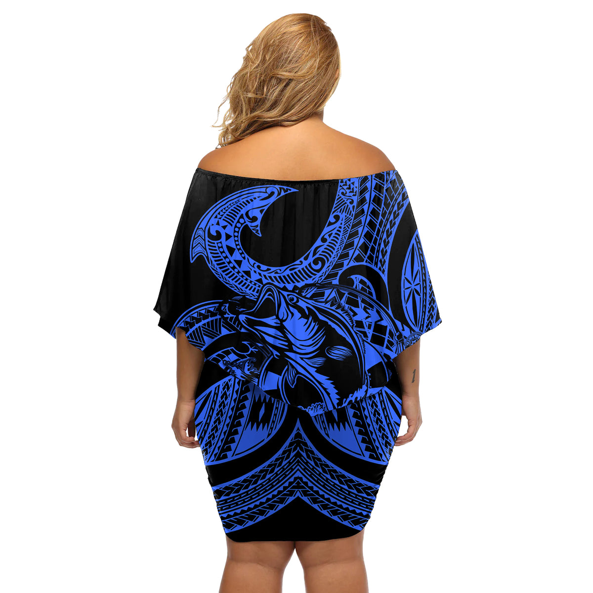 polynesia-off-shoulder-short-dress-fish-hook-tattoo-go-fishing-polynesian-pattern-blue