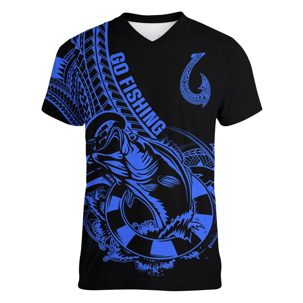 polynesia-women-v-neck-t-shirt-fish-hook-tattoo-go-fishing-polynesian-pattern-blue
