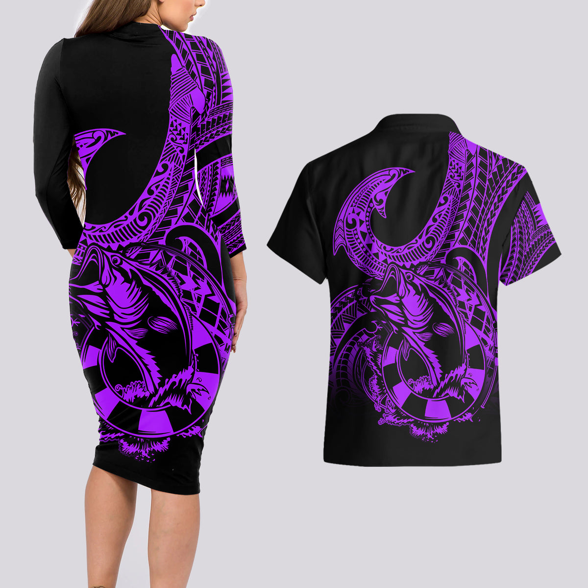 Polynesia Couples Matching Long Sleeve Bodycon Dress and Hawaiian Shirt Fish Hook Tattoo Go Fishing Polynesian Pattern Purple LT14 - Polynesian Pride