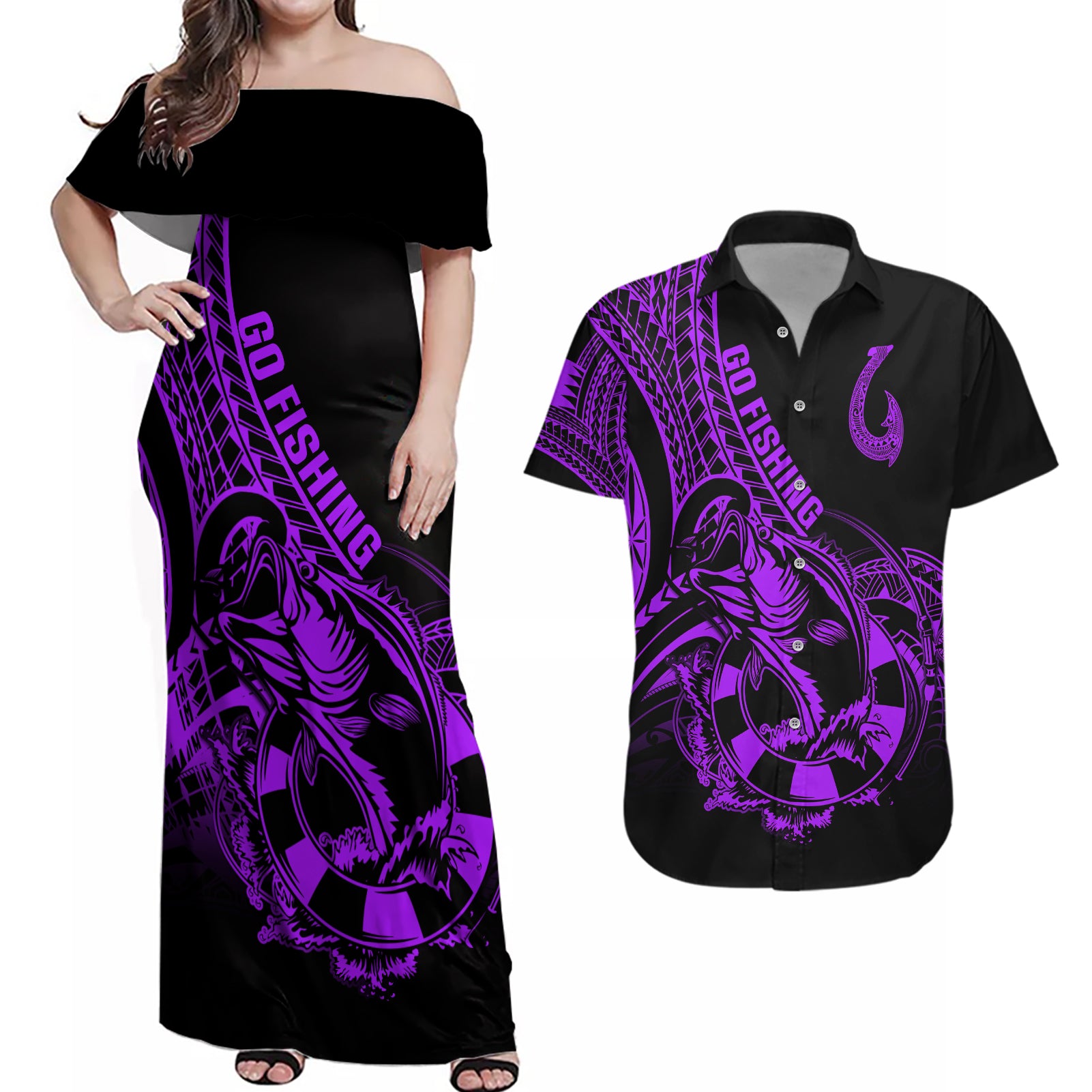 polynesia-couples-matching-off-shoulder-maxi-dress-and-hawaiian-shirt-fish-hook-tattoo-go-fishing-polynesian-pattern-purple