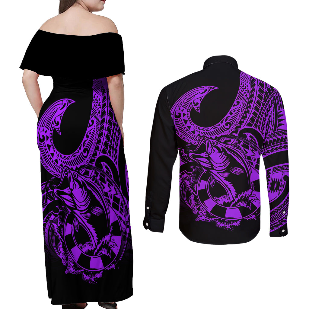 polynesia-couples-matching-off-shoulder-maxi-dress-and-long-sleeve-button-shirts-fish-hook-tattoo-go-fishing-polynesian-pattern-purple