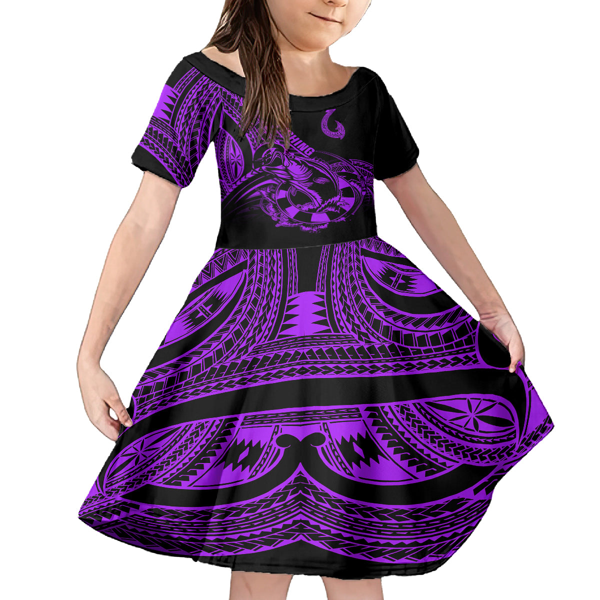 polynesia-kid-short-sleeve-dress-fish-hook-tattoo-go-fishing-polynesian-pattern-purple